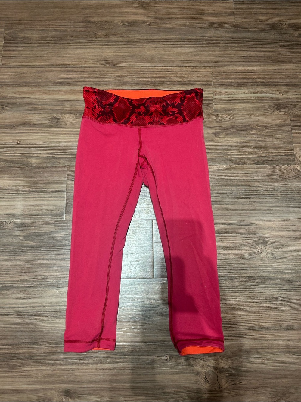 lululemon athletica Pink Capri Leggings with Red Snake-Print Waistband
